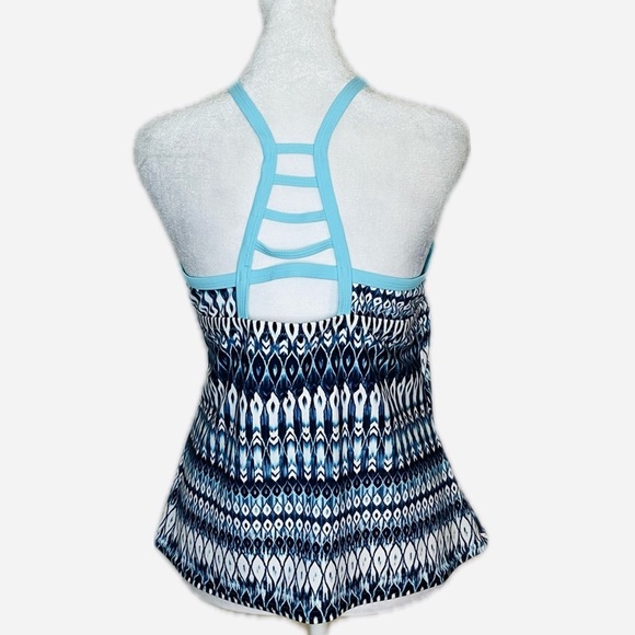 ZeroXposur High Neck Tankini Top| Blue Ikat Print | Strappy Back- Sz 14 - Picture 2 of 6